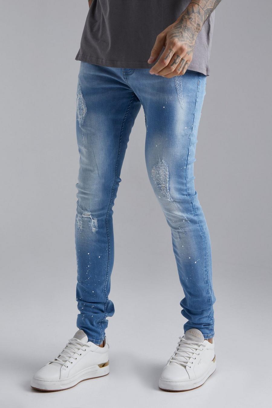 Light blue blå Super Skinny Distressed Stacked Jeans image number 1