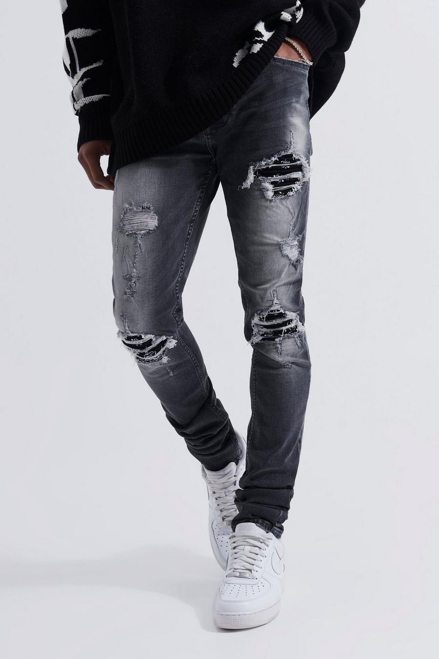 Dark grey Skinny Coloured Rip & Repair Stacked Jeans image number 1