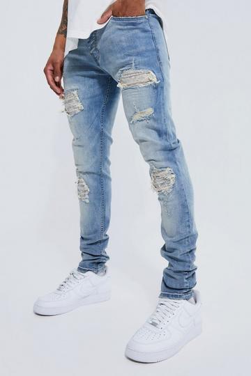 Skinny Exploded Knee Stacked Biker Jeans ice blue