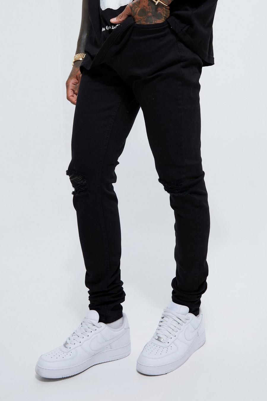 Washed black Skinny Stretch Stacked Ripped Knee Jeans image number 1