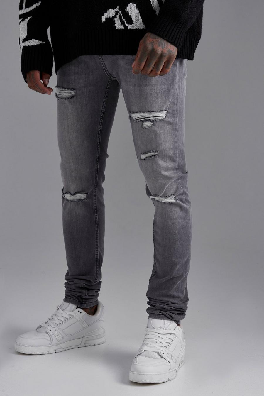 Mid grey Skinny Stretch Ripped Stacked Jeans image number 1