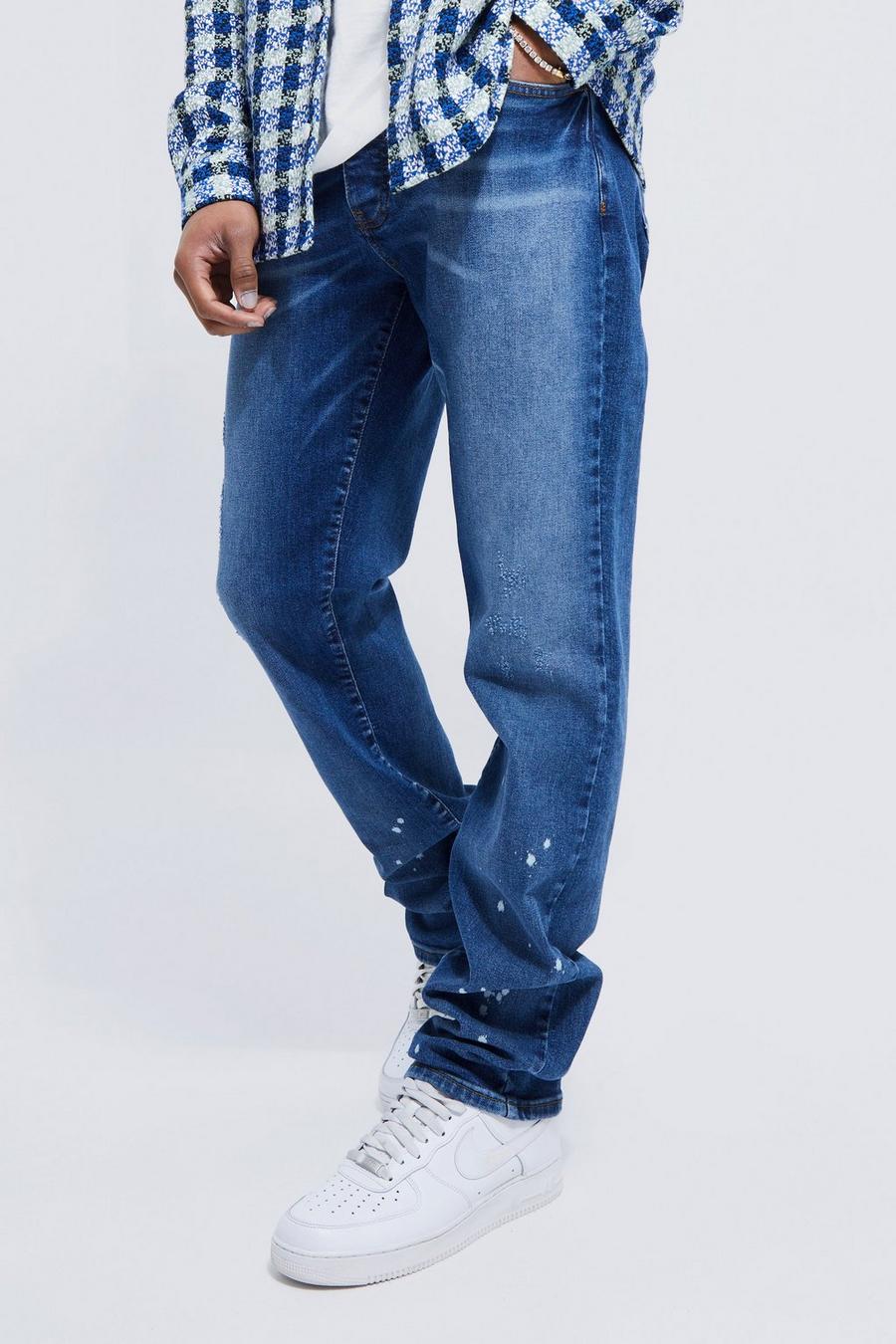 Jeans dritti a effetto consumato con pieghe sul fondo e schizzi candeggiati, Vintage blue azzurro