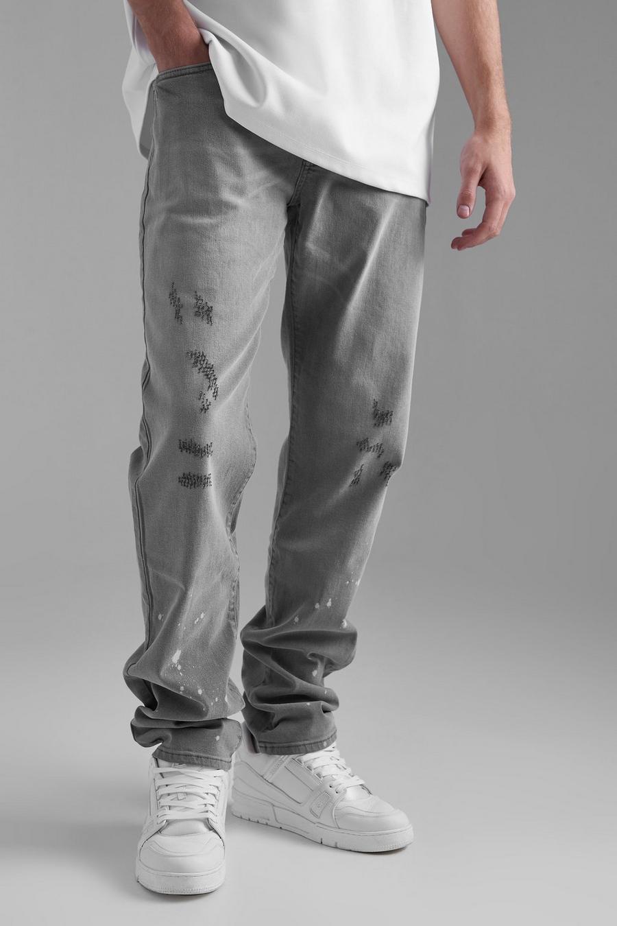 Jeans dritti a effetto consumato con pieghe sul fondo e schizzi candeggiati, Light grey image number 1