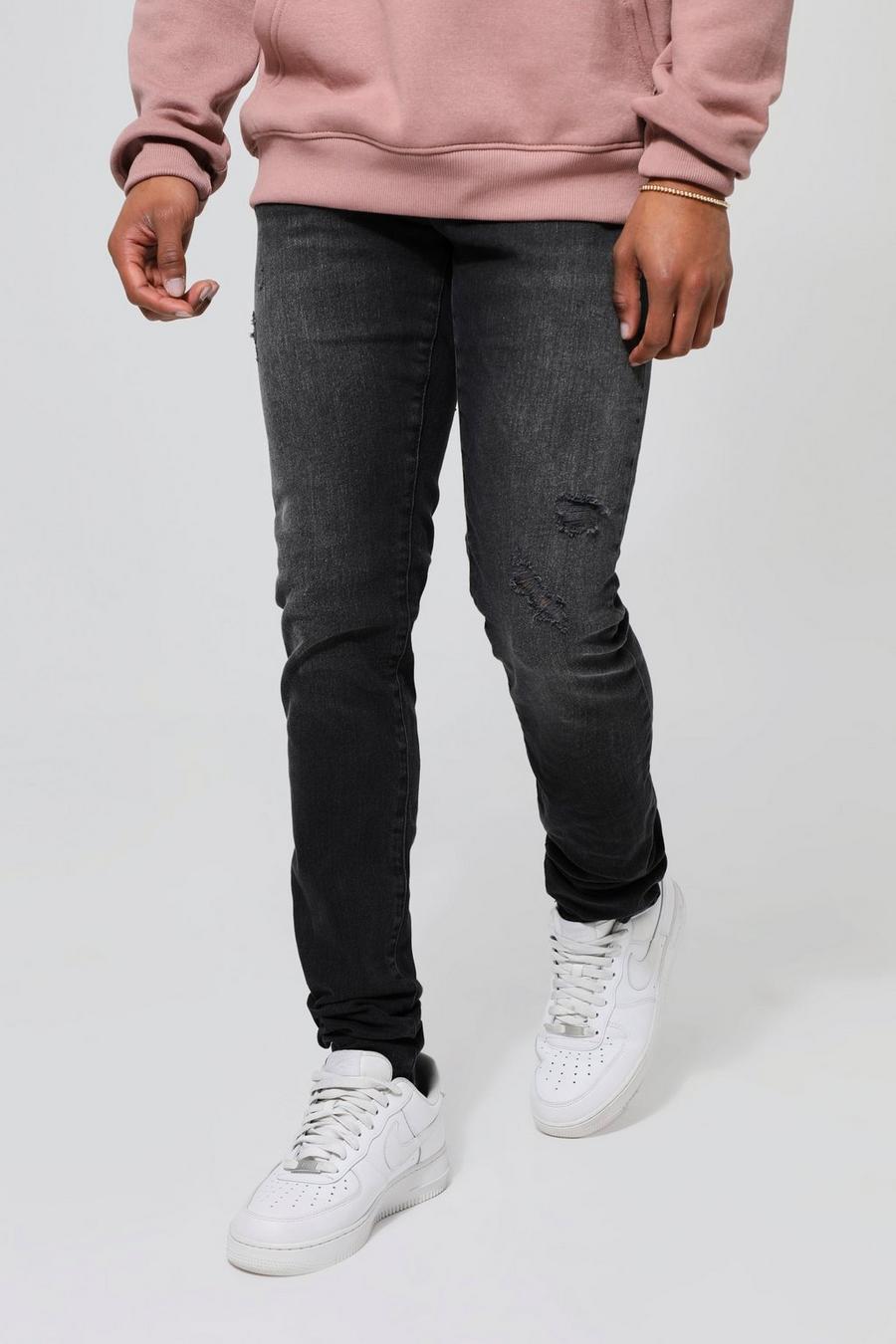 Washed black Skinny Stretch Stacked Distressed Jeans   image number 1