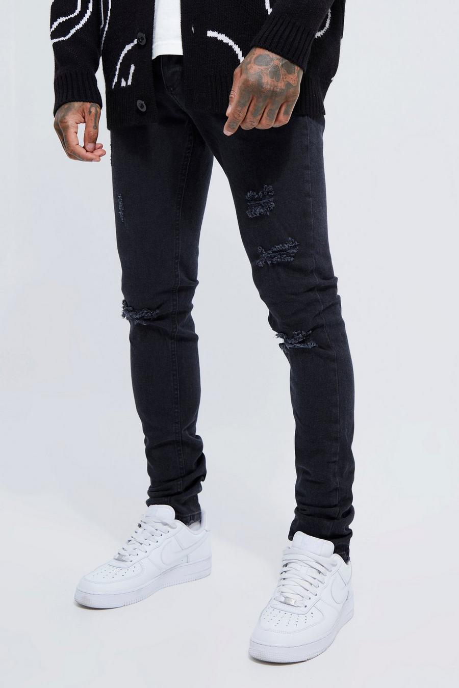 Washed black Skinny Stretch Stacked Busted Knee Jeans  image number 1