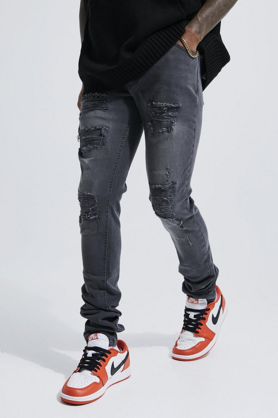 Men's Skinny Stretch Rip & Repair Stacked Jeans | Boohoo UK