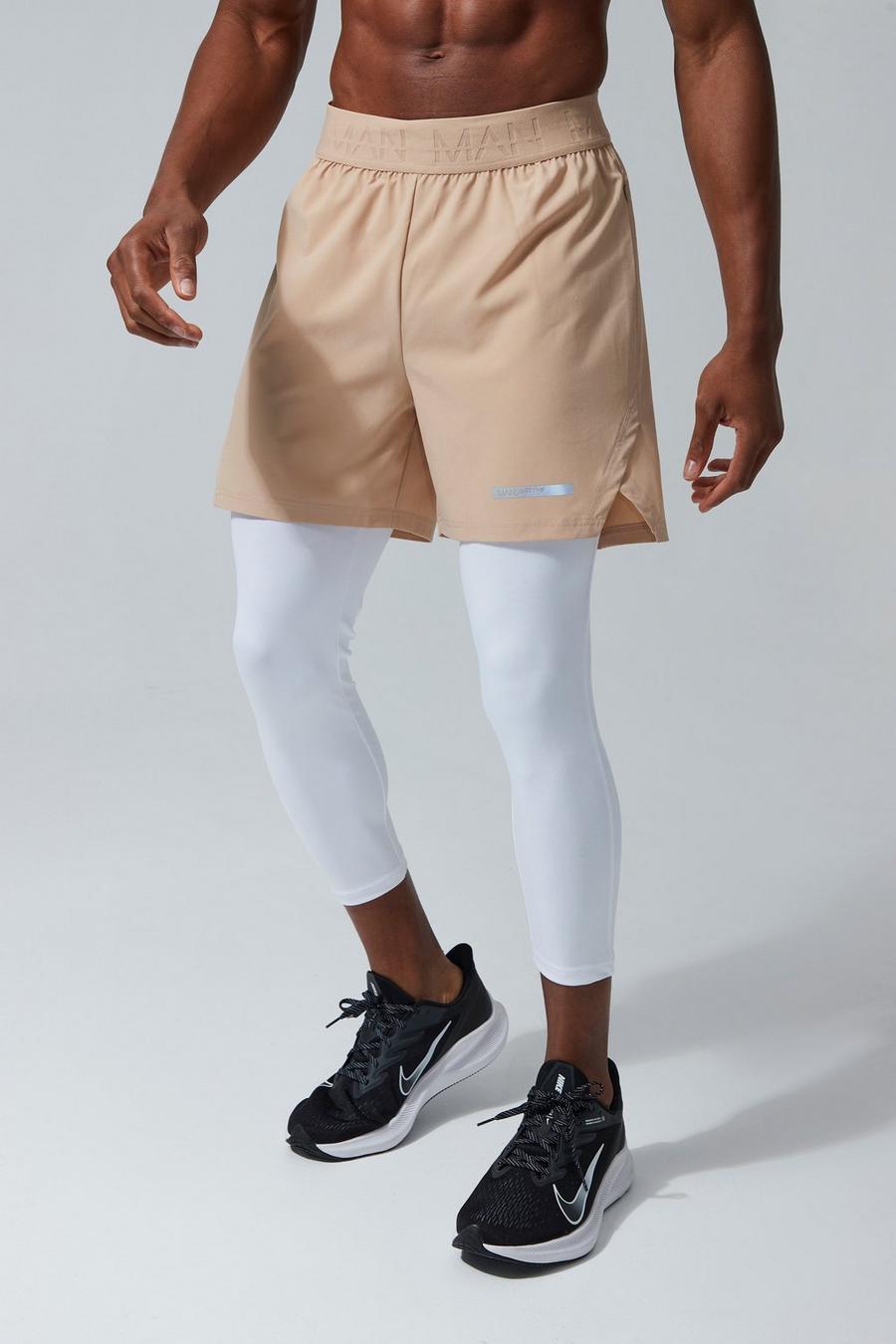 Man Active Shorts mit geteiltem Saum & Leggings, Taupe beige image number 1