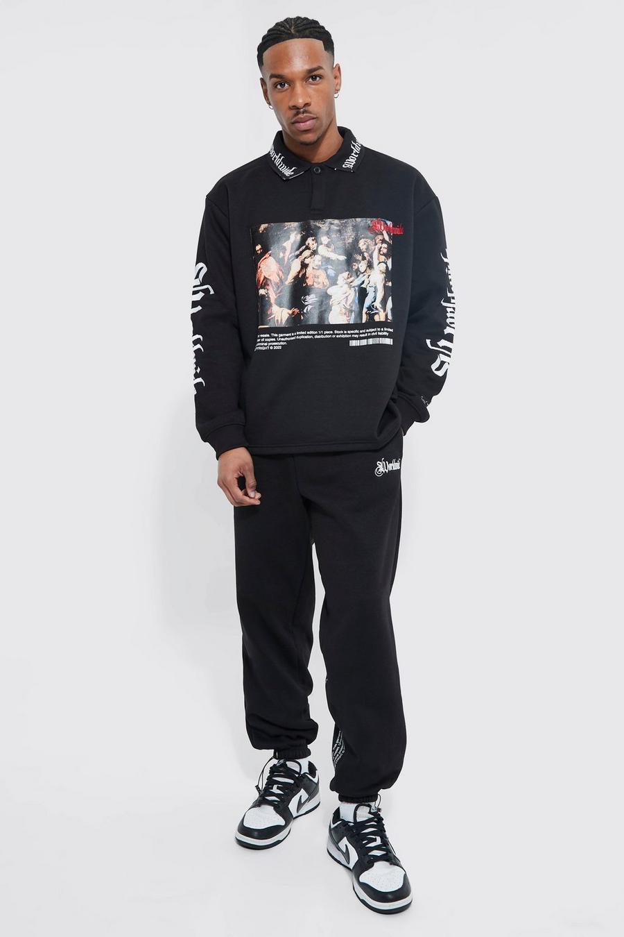 Black Oversized Renaissance Graphic Rugby Tracksuit image number 1