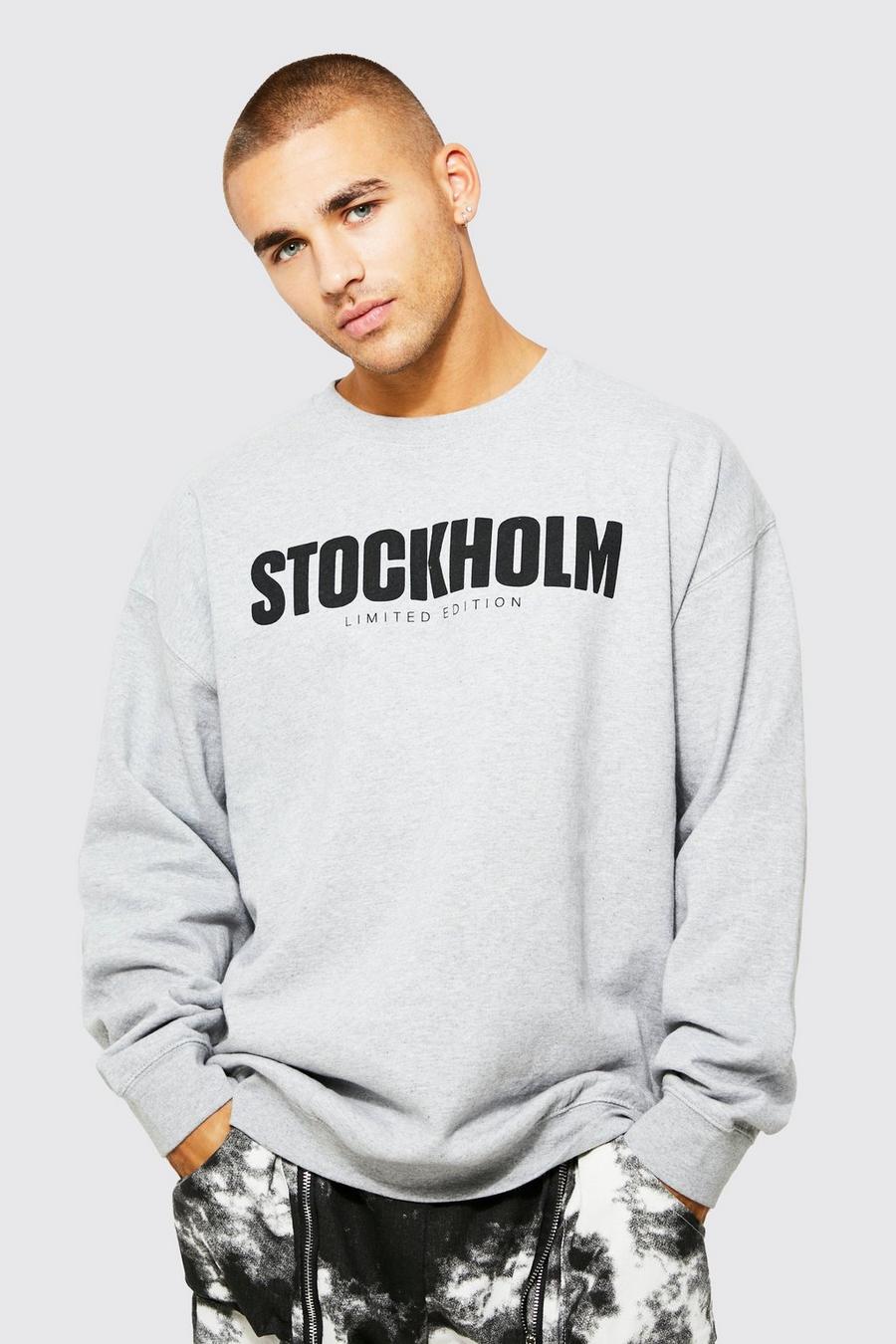 Sudadera oversize con estampado gráfico de Stockholm, Grey marl grigio image number 1