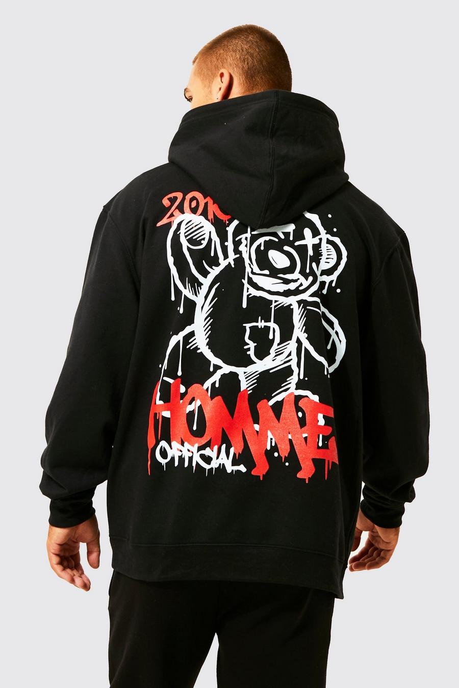 Black Oversized Graffiti Teddy Graphic Hoodie