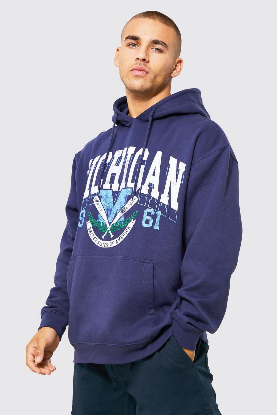Sudadera oversize con capucha y estampado gráfico universitario de Michigan, Navy image number 1