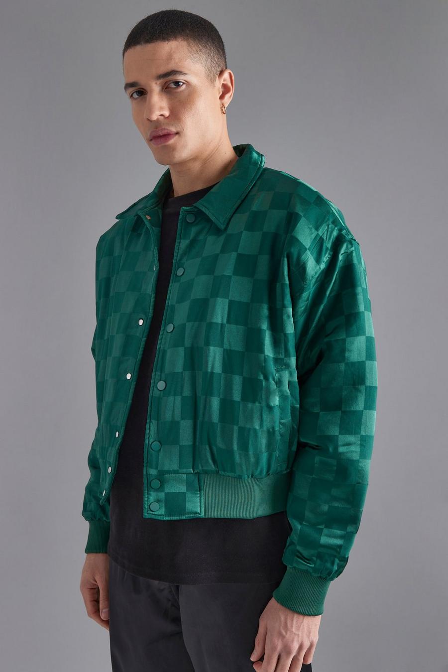 Giacca Bomber squadrata in sateen a scacchi, Dark green gerde image number 1