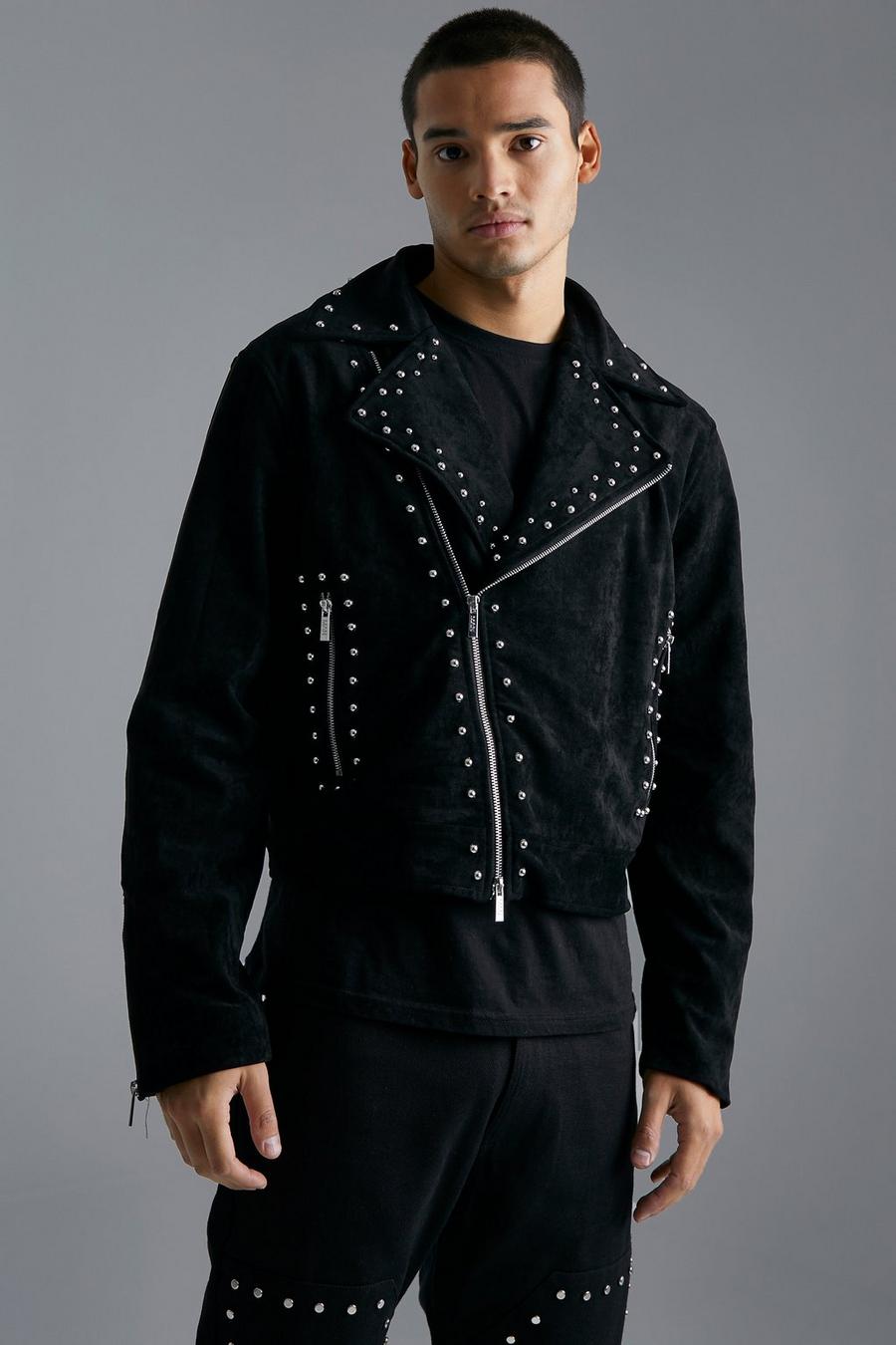 Black Faux Suede Studded Biker Jacket image number 1