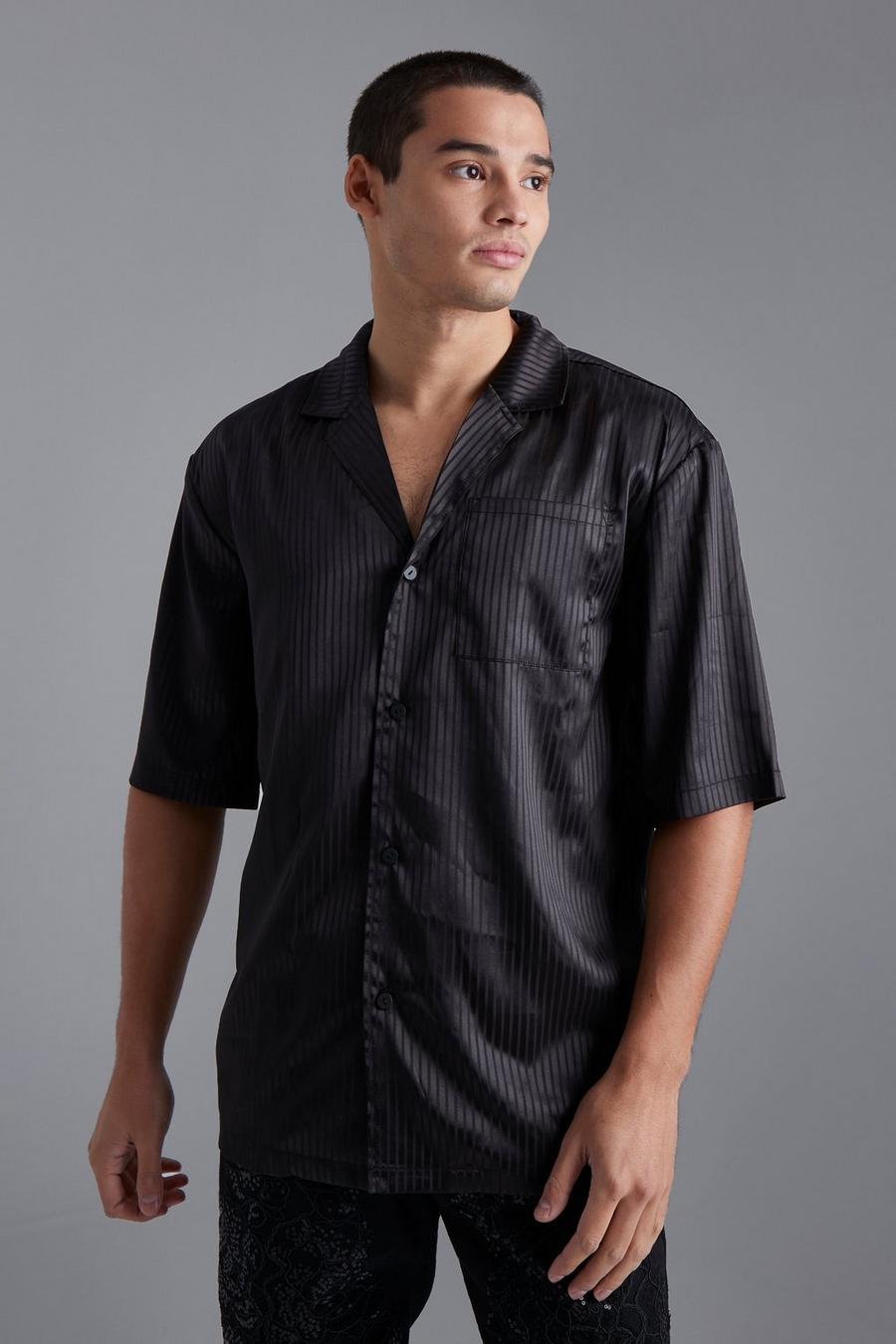 Black noir Striped Revere Satin Short Sleeve Shirt