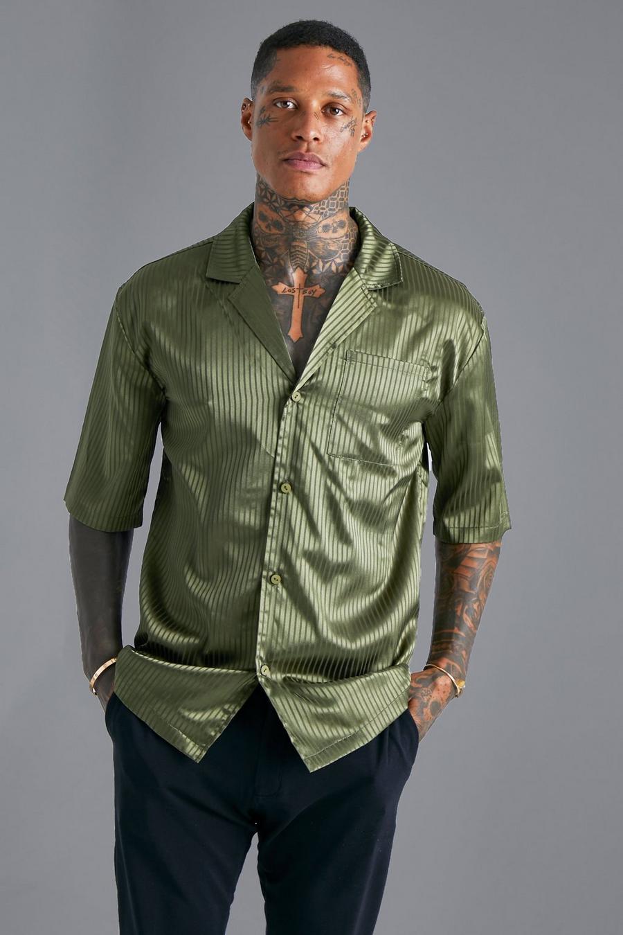 Green Striped Revere Satin Short Sleeve Shirt image number 1