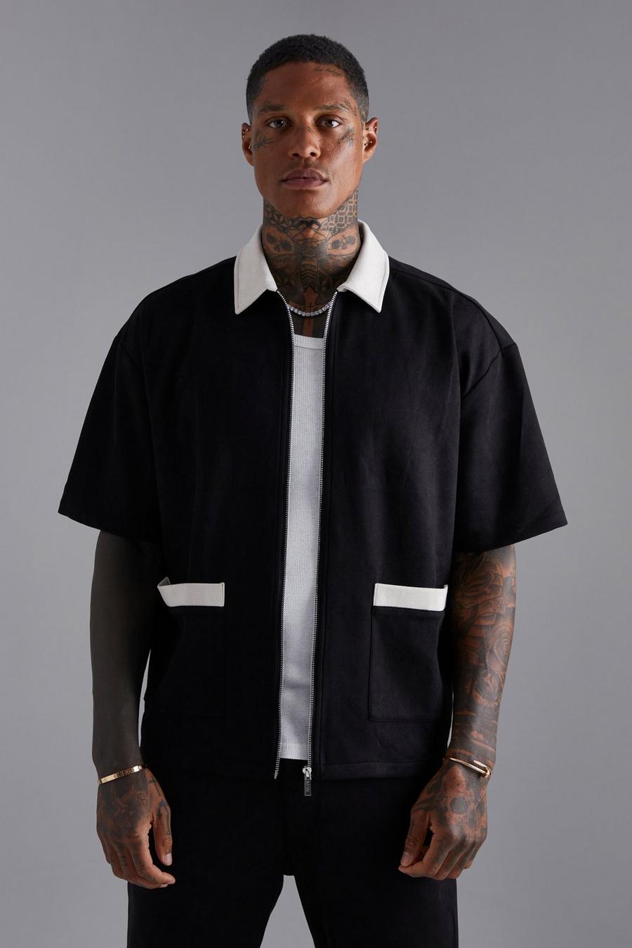 Black Suede Zip Short Sleeve Oversized Shirt image number 1