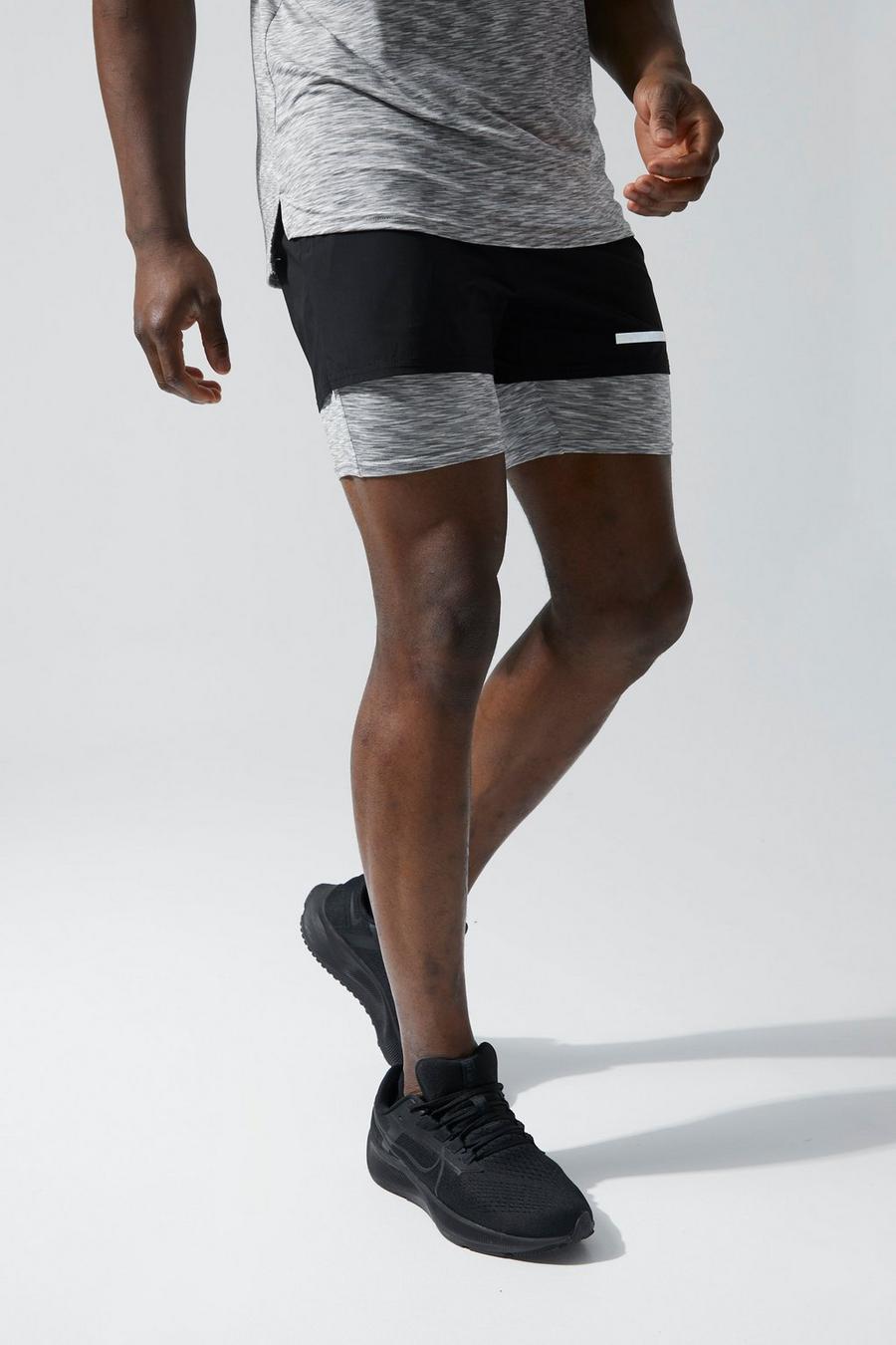 Black Man Active Contrast 2 In 1 Marl Shorts image number 1