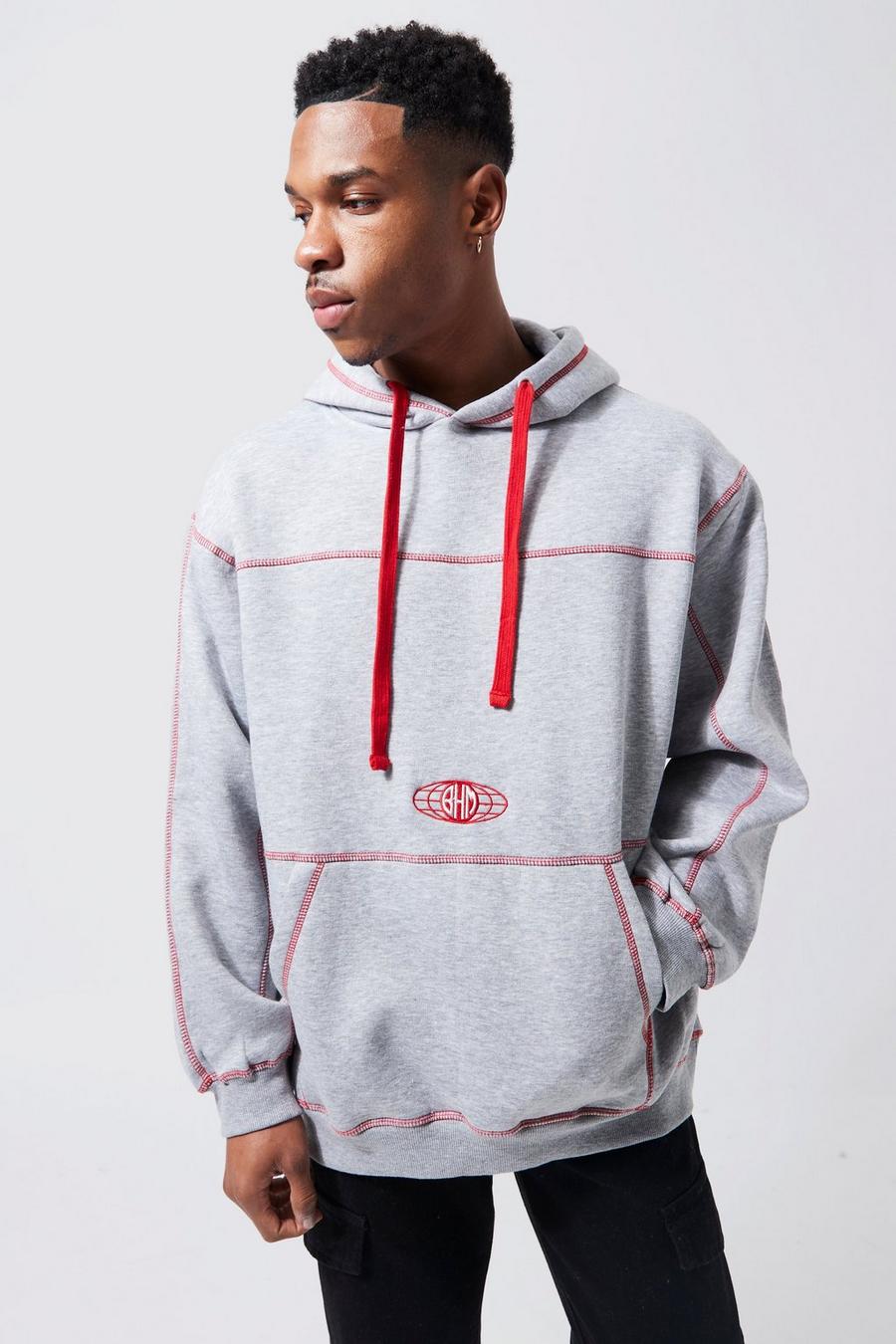 Grey marl Bhm Oversized Contrast Stitched Hoodie image number 1