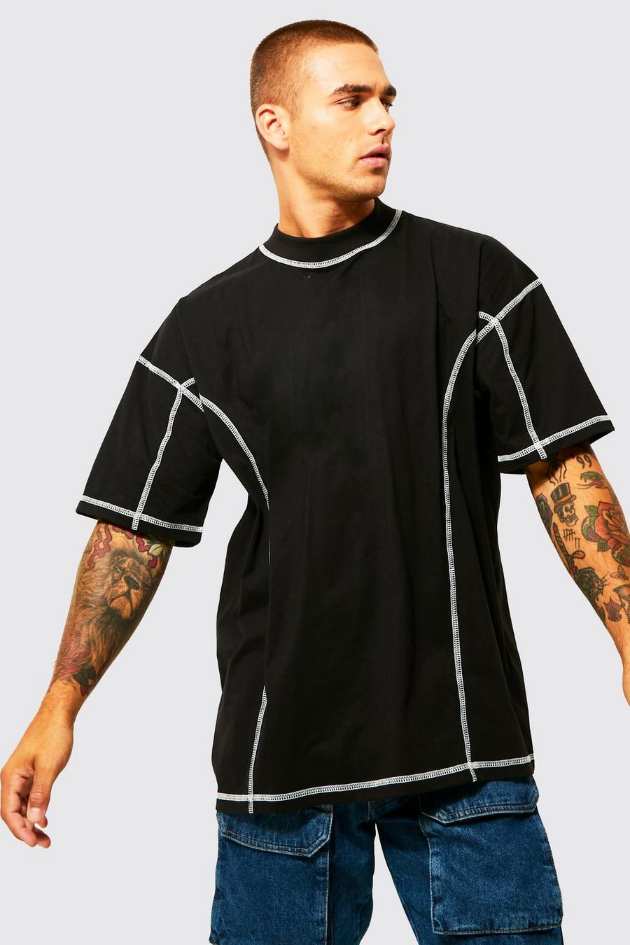 Black Oversized Contrasterend T-Shirt Met Brede Nek