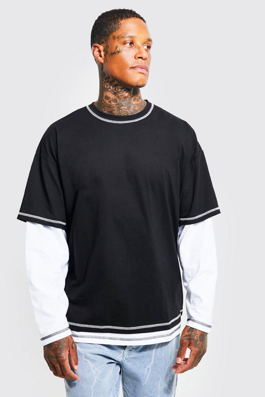 Black Oversize Faux Layer Contrast Stitched T-shirt image number 1