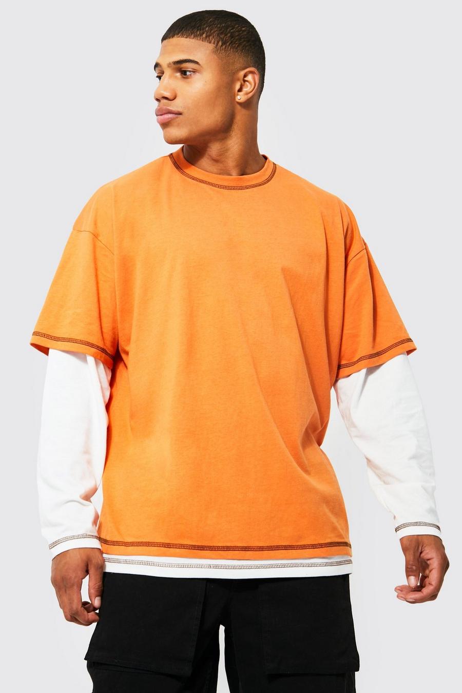Orange naranja Oversize Faux Layer Contrast Stitched T-shirt image number 1