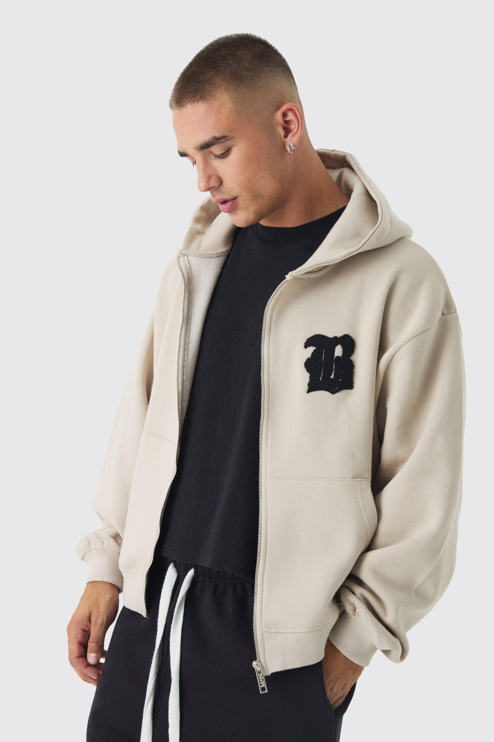 Boxy Fit B Applique Zip Through Hoodie | Boohoo UK