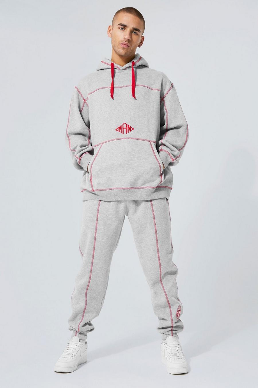 Grey marl gris Man Contrast Stitched Hooded Tracksuit