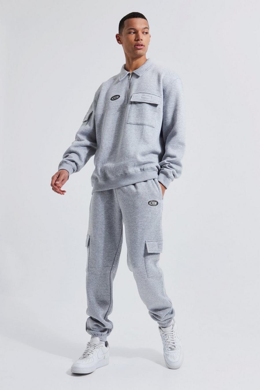 Grey marl Tall Oversized Cargo Collared Tracksuit image number 1