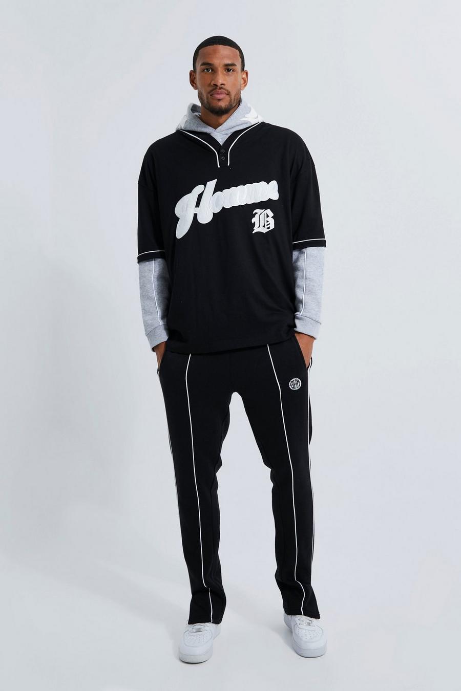 Black Tall Oversized Faux Layer Baseball Tracksuit image number 1