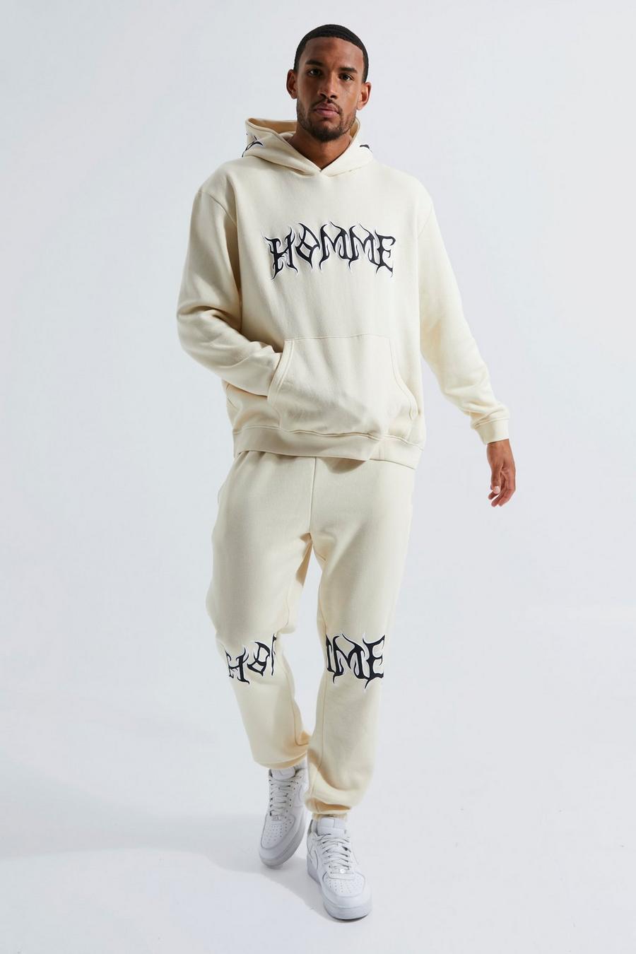Stone beige Tall Homme Baggy träningsoverall med hoodie image number 1