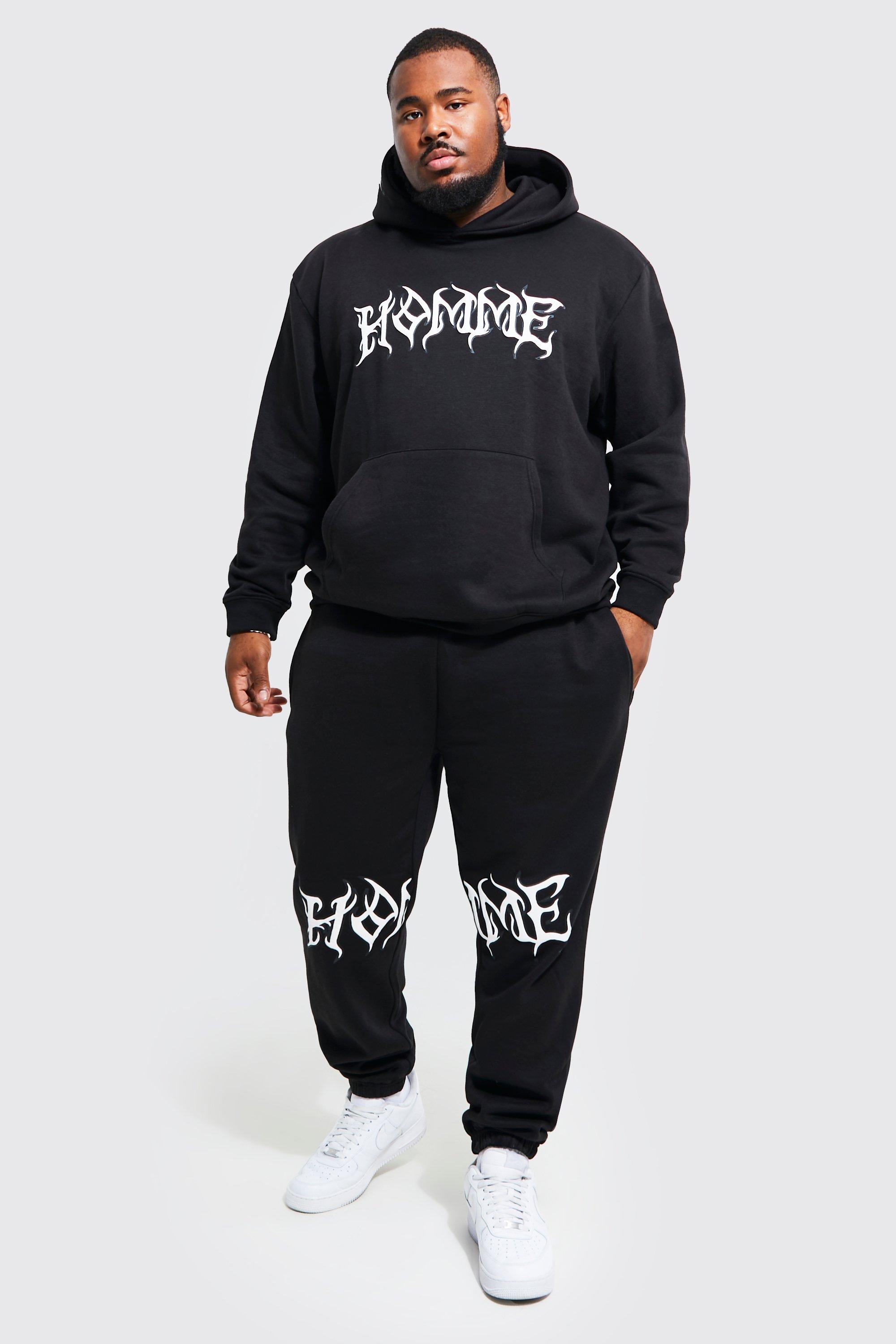 Plus Baggy Fit Homme Graphic Hooded Tracksuit