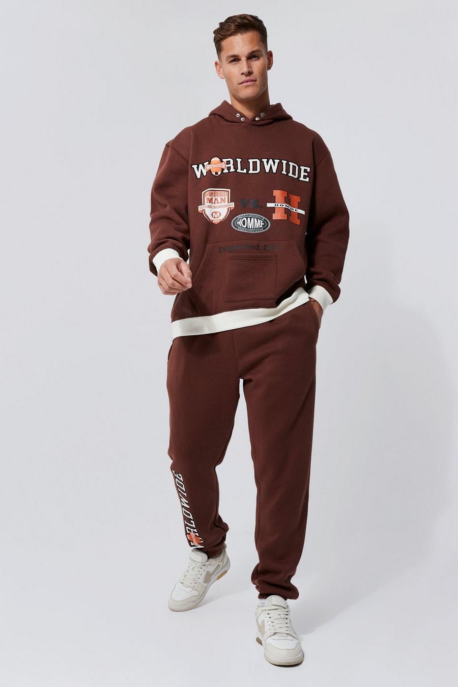 Chocolate Tall Varsity Badge Contrast Hooded Tracksuit image number 1