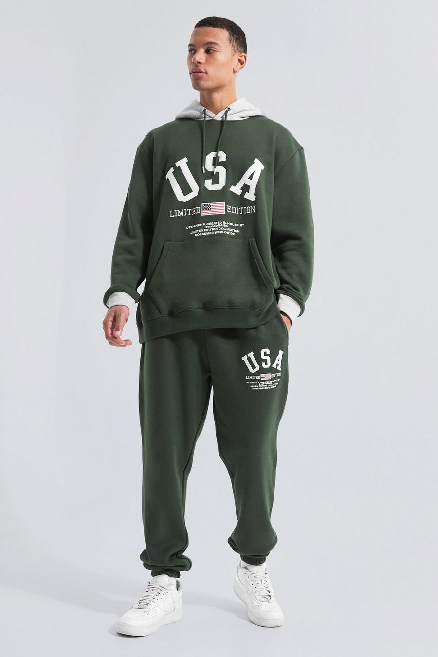 Khaki Tall USA Oversized träningsoverall med hoodie och tryck image number 1