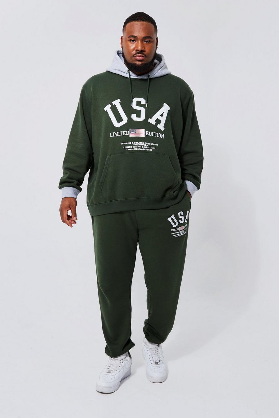 Khaki kaki Plus USA Varsity Contrast Hooded Tracksuit