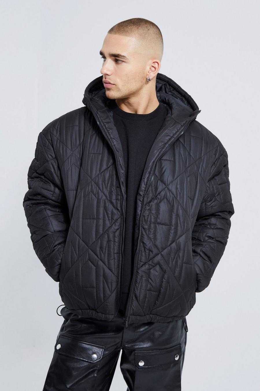 Black svart Oversized Man Quilted Puffer With Hood