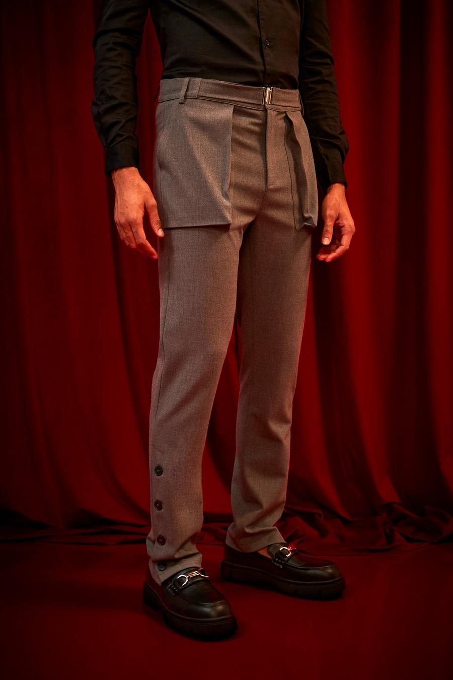 Grey gris Straight Leg Button Detail Trousers