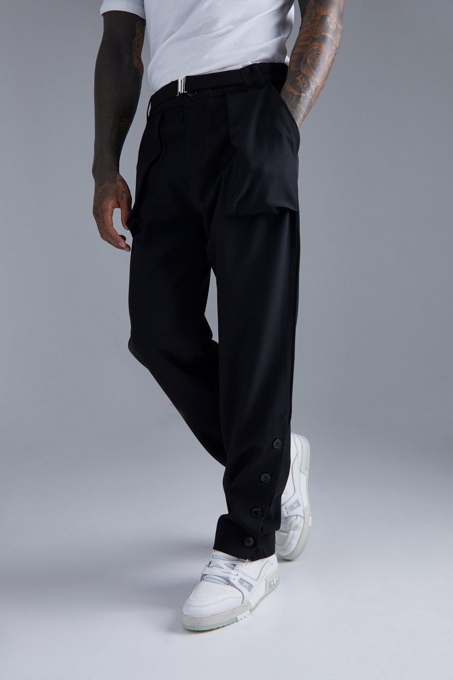 Black Straight Leg Button Detail Trousers image number 1