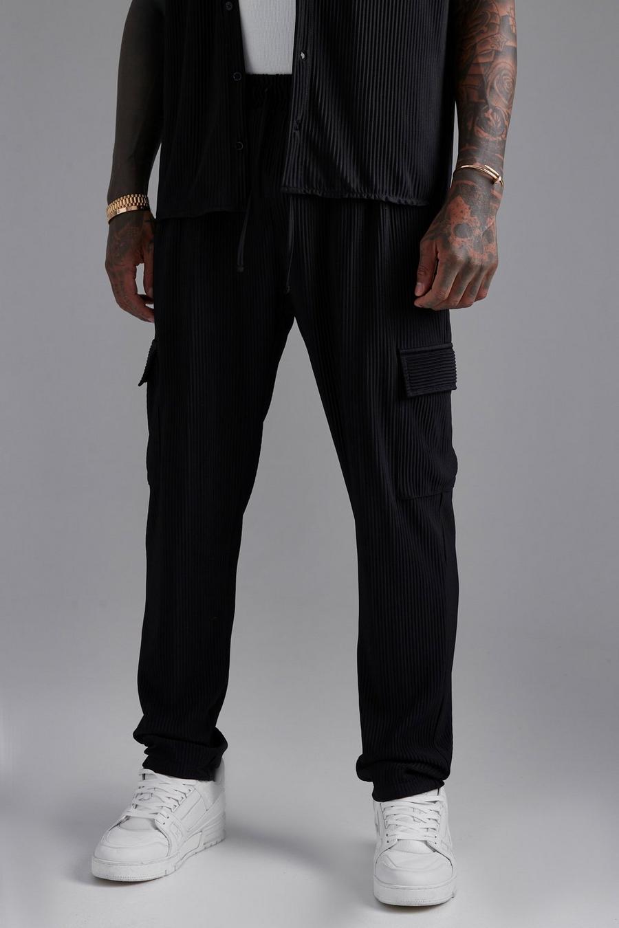 Pantalon cargo slim plissé, Black