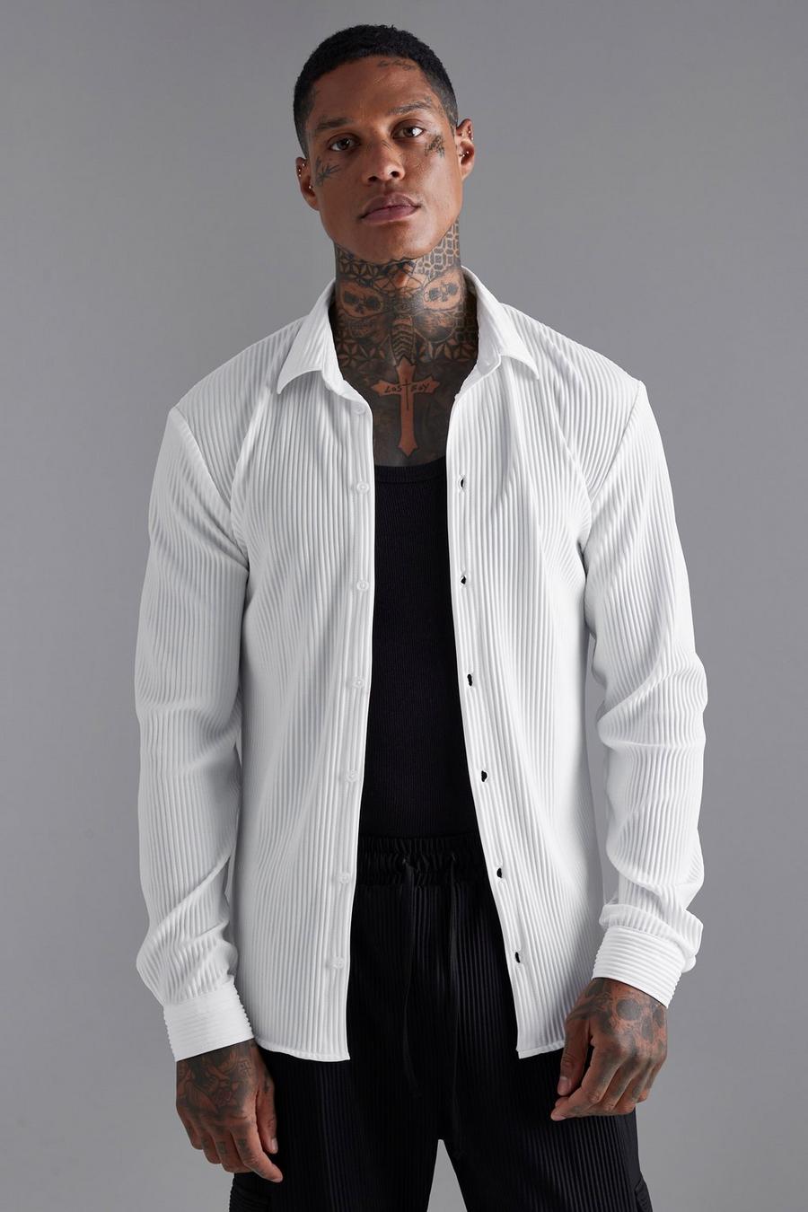 White Long Sleeve Pleated Slim Fit Shirt image number 1