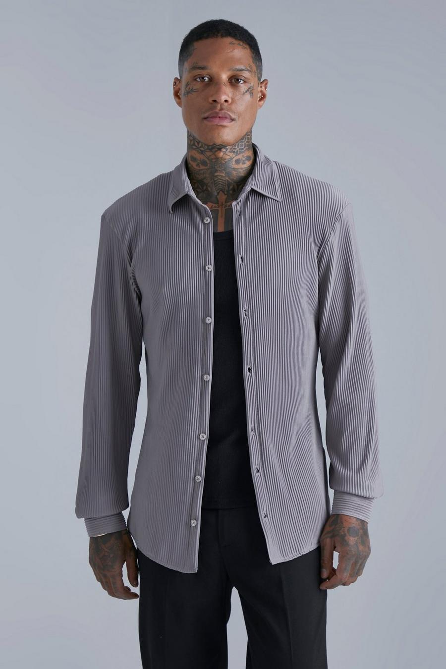 Taupe Long Sleeve Pleated Slim Fit Shirt image number 1