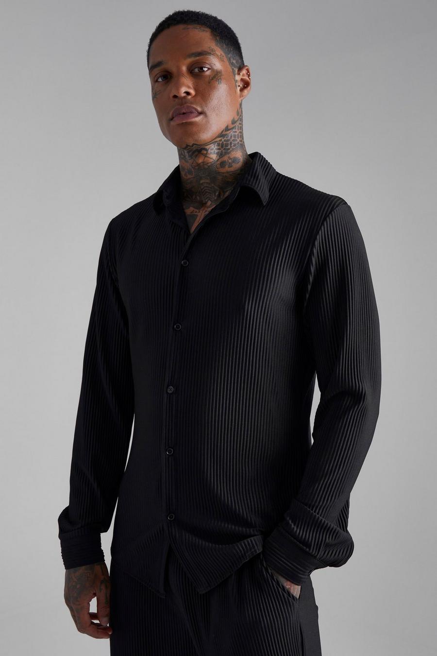 Black schwarz Long Sleeve Pleated Slim Fit Shirt