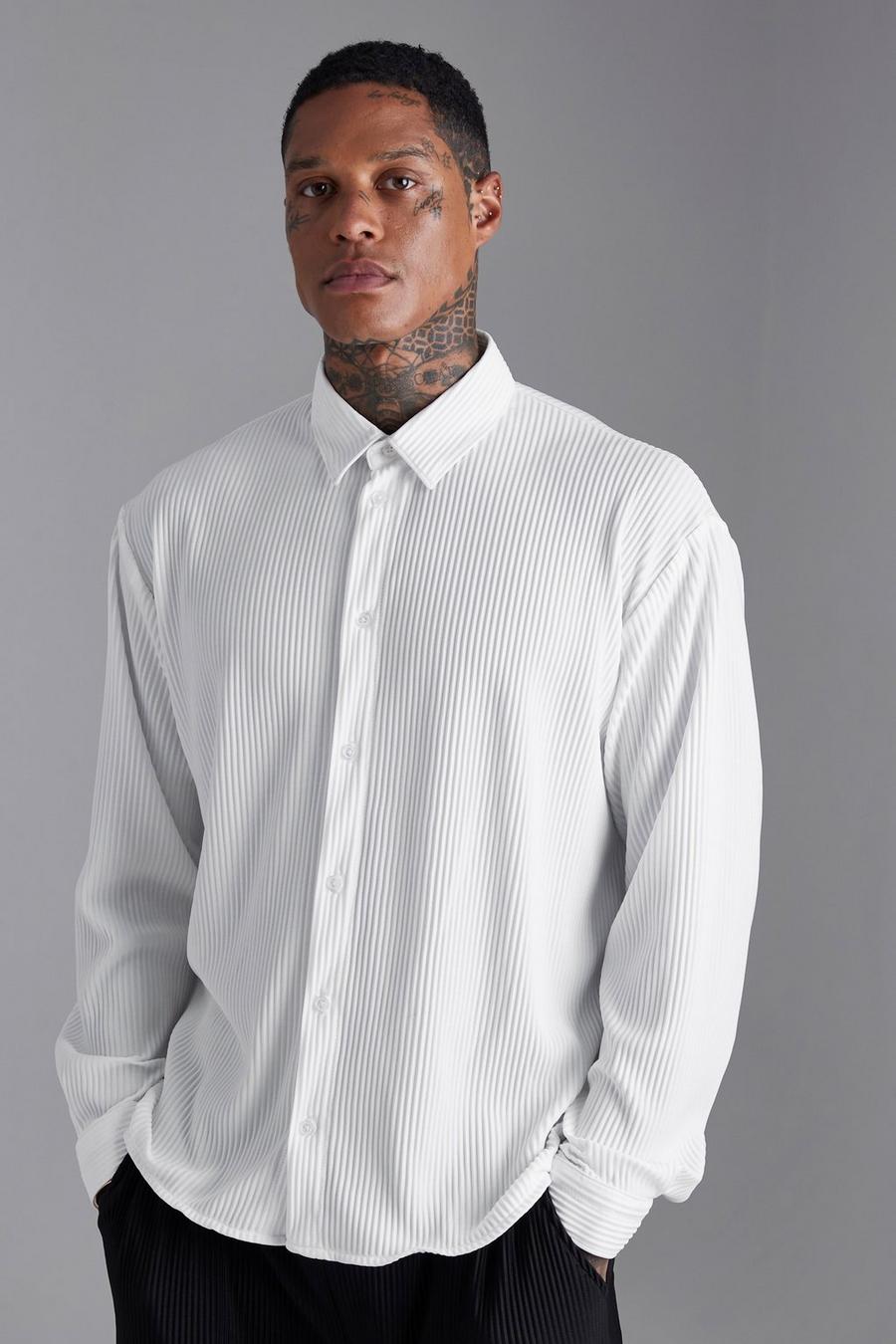 White Pleated Long Sleeve Boxy Shirt image number 1