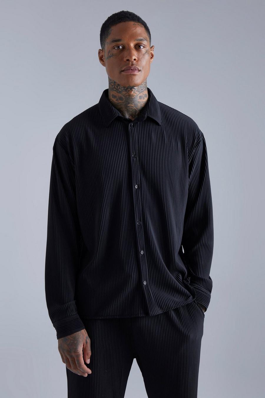 Black noir Pleated Long Sleeve Boxy Shirt