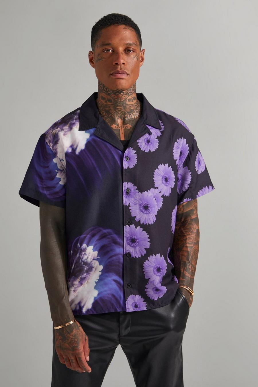 Purple Short Sleeve Boxy Floral Spliced Shirt image number 1