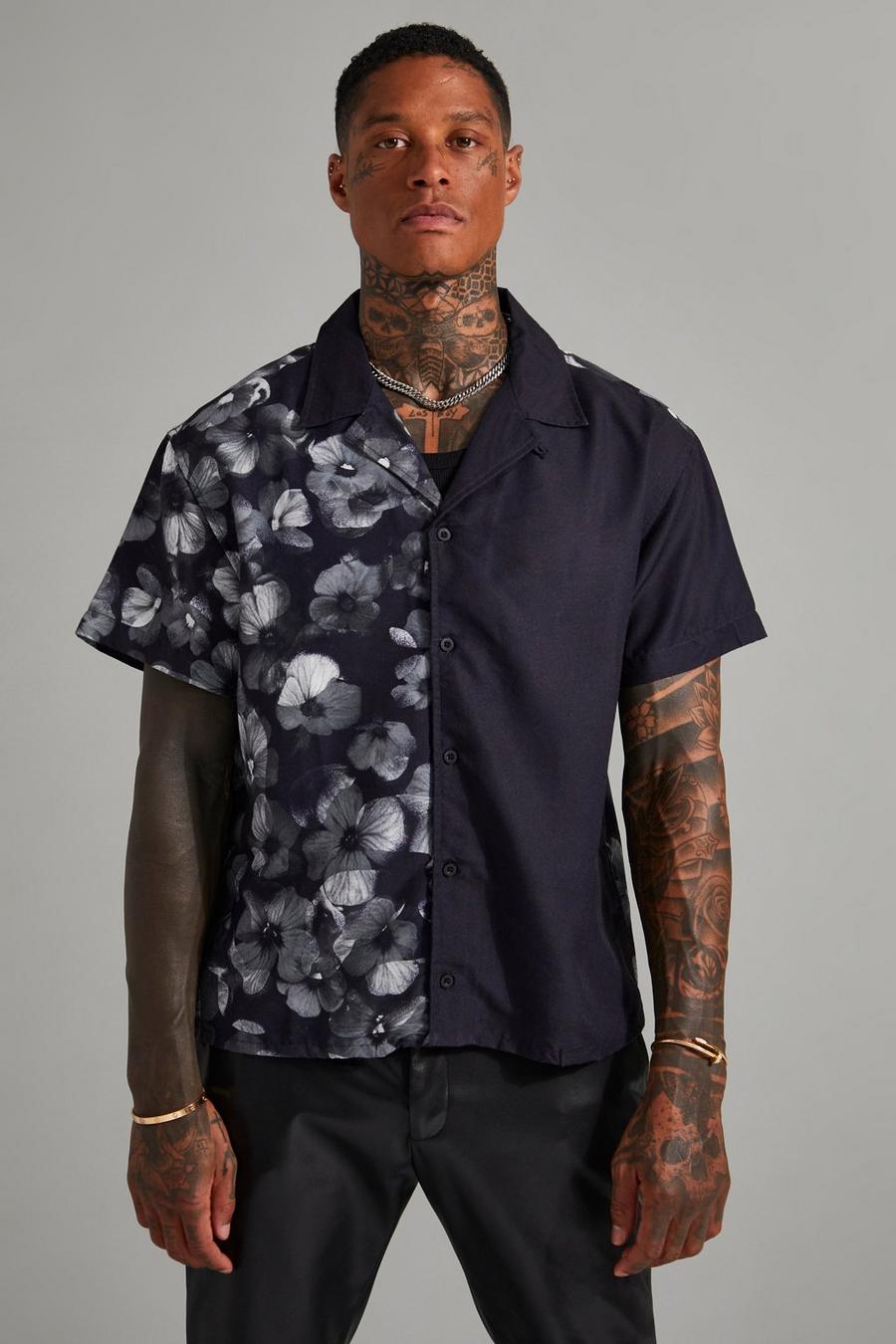 Black Short Sleeve Boxy Floral Spliced Shirt image number 1