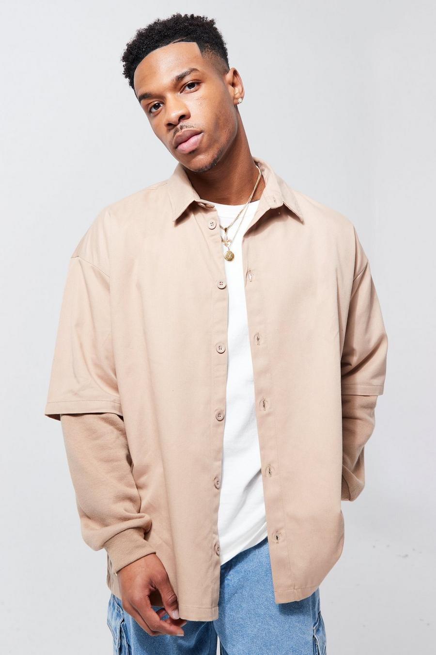 Taupe Faux Layer Jersey Sleeve Overshirt image number 1