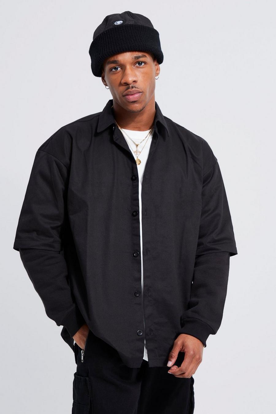 Black Faux Layer Jersey Sleeve Overshirt image number 1