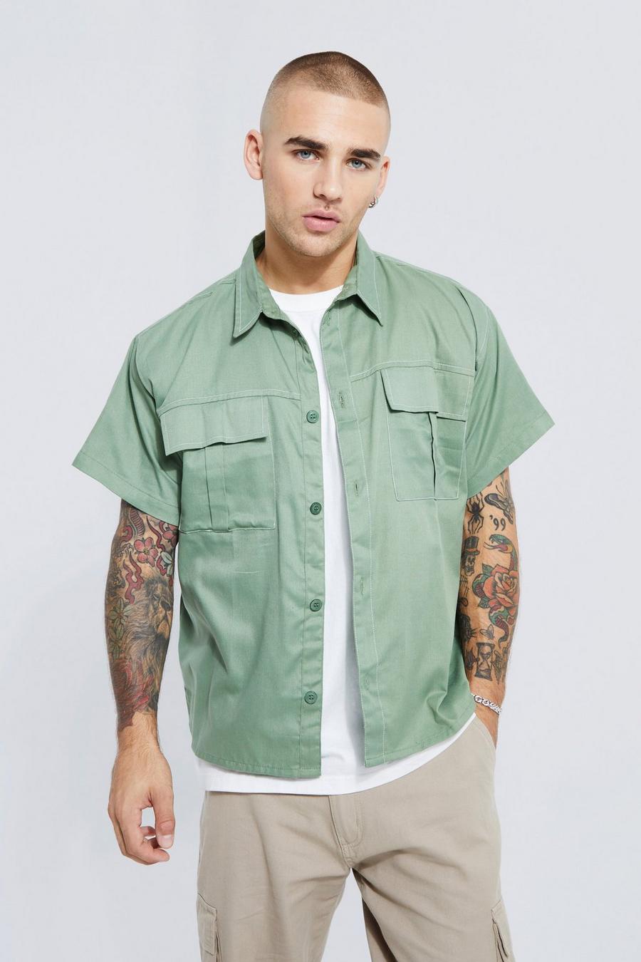 Dusty green Boxy Twill Contrast Stitch Cargo Overshirt image number 1