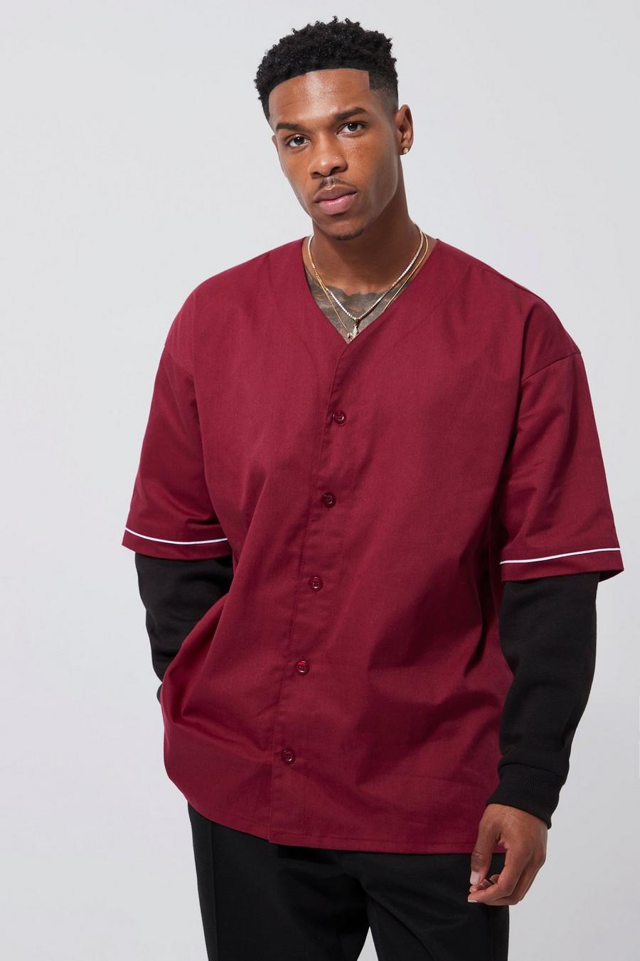 Burgundy Faux Layer Jersey Sleeve Baseball Overshirt image number 1