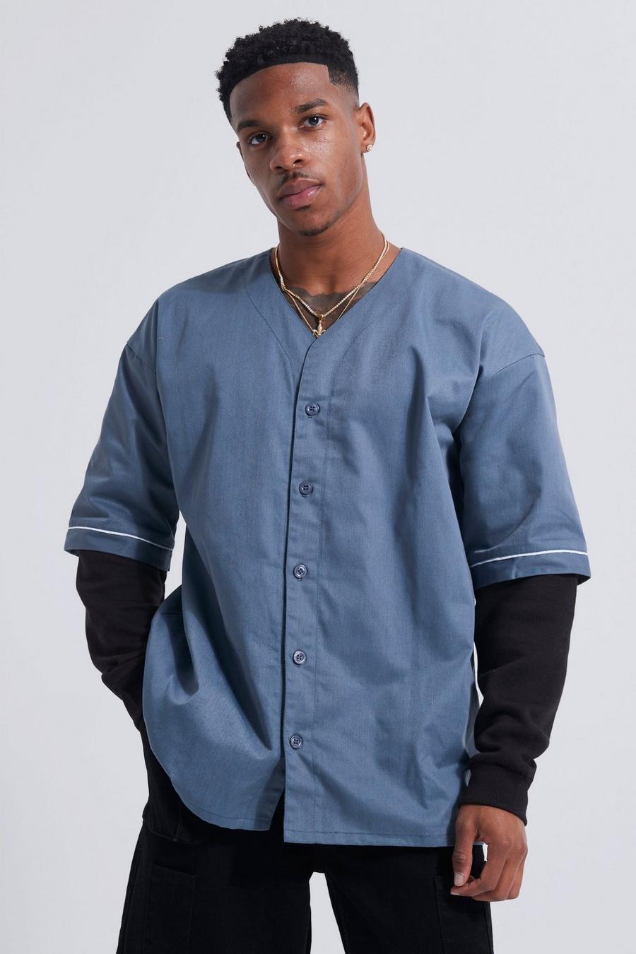 Slate blue Faux Layer Jersey Sleeve Baseball Overshirt image number 1